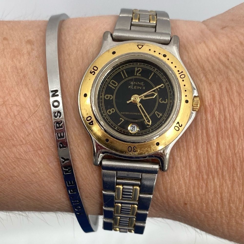 Vintage Anne Klein Women’s Stainless Steel Japan Watch Silver Gold Leather Watch